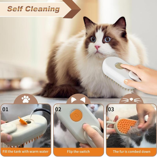 4-in-1 Pet Massage Brush with Steam Spray and Rotatable Design for Effective Hair Removal and Bathing