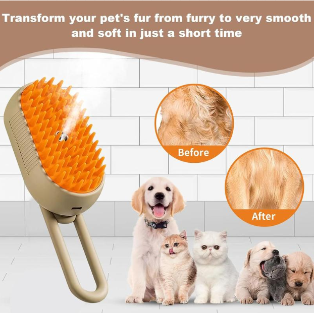 4-in-1 Pet Massage Brush with Steam Spray and Rotatable Design for Effective Hair Removal and Bathing